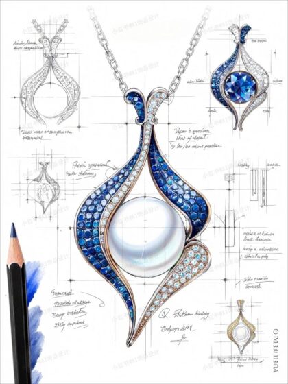 A pearl in blue ripples | The jewelry design sketch is stunning